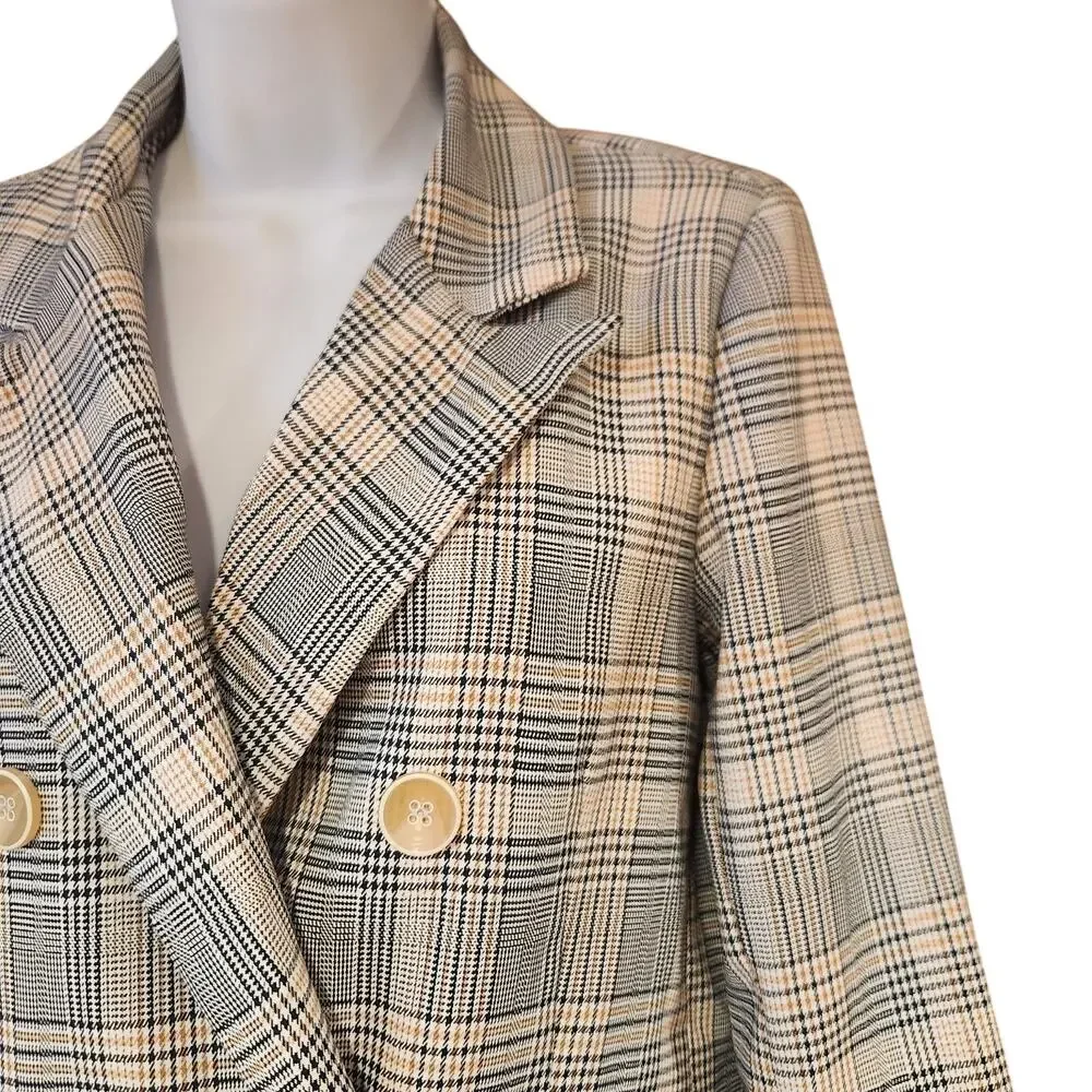 EUC IVIVI Plaid‎ Double Breasted Long Blazer Ivory, Navy, Brown Sz S